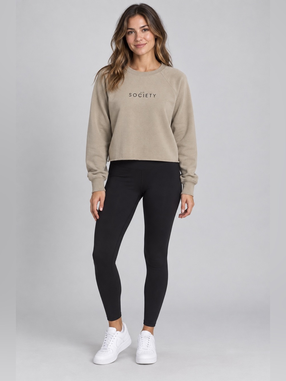 La Jet Society Beige Cropped Raw Hem Sweatshirt S